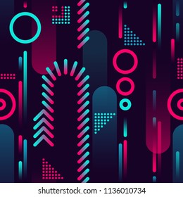 Tech seamless texture with neon rays and stripes. circles and drops. Abstract night background with traffic lights. Seamless pattern with light trails. Screen futuristic night road texture.