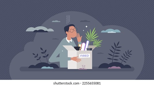 Tech sector layoffs as job loss at technology companies tiny person concept. Massive staff work downsize and economy crisis with unemployment problem vector illustration. Frustrated jobless workforce
