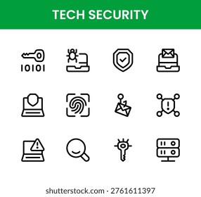 Tech Security icon set. Tech Security professional modern minimal unique line vector icon collection with secure network icons, data protection symbols, encryption visuals, firewall elements, and minimal clean style.
