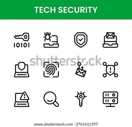 Tech Security icon set. Tech Security professional modern minimal unique line vector icon collection with secure network icons, data protection symbols, encryption visuals, firewall elements, and minimal clean style.
