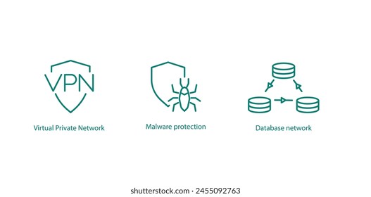 Tech Security Vector Icons: VPN, Malware Protection, Dataset Network