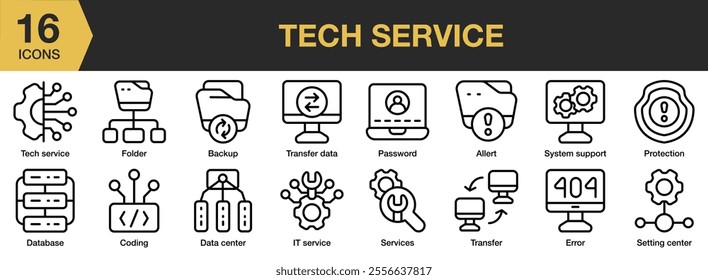 Tech Service icon set. Includes password, transfer data, alert, system support, protection, error, backup, data center, and More. Outline icons vector collection.