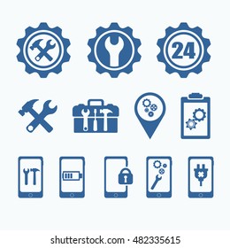 Tech Service Logo. Support Settings Concept. Mobile Phone Recovery Shop. Options And Service Tools Icon Set. Rounded Angles. Single Flat Icon Isolated. Logo Design. Vector Illustration. Silhouette.