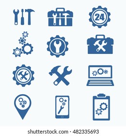 Tech Service Logo. Support settings concept. Mobile phone and computer recovery shop. Options and service tools icon set. Single flat icon isolated. Logo design. Vector illustration. Silhouette.