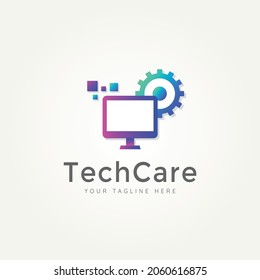 tech service minimalist flat logo. computer monitor with repair symbol and gradient color logo vector illustration design