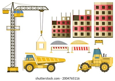 Tech set for building buildings and roads. bulldozer, truck. Modern technologies and equipment. Isolated on white background illustration vector