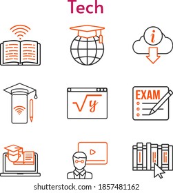 tech set. included exam, smartphone, teacher, school, maths, book, information, training icons. bicolor styles.