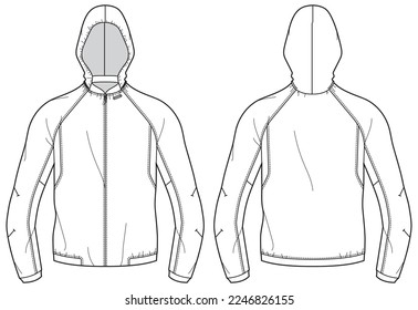 Tech shell Bomber Hoodie jacket design flat sketch Illustration, Hooded sweater jacket with front and back view, winter hoody jacket for Men and women CAD drawing template