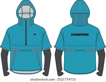 Tech shell Hoodie jacket design flat sketch Illustration, Running Hooded jacket with front and back view, Thermal winter jacket for Men and women. for training, Parka winter wear