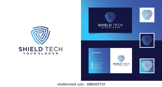 tech shield security logo design template and business card