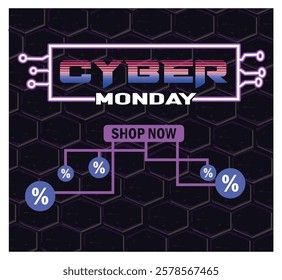 Tech shopping with Cyber ​​Monday graphics, prominent discount symbols and Shop Now calls to action, all set against a digital themed background. Flat vector modern illustration 