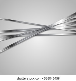Tech silver metallic stripes on grey background. Vector abstract template design