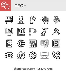 tech simple icons set. Contains such icons as Support, Board, Assistant, Virtual reality, Calling, Service, d printer, Robot, Industrial robot, can be used for web, mobile and logo