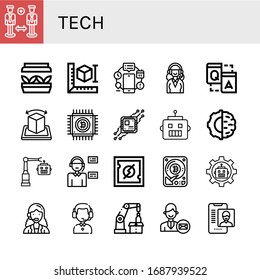 tech simple icons set. Contains such icons as Support, Artificial light, d printer, Automation, Support services, Q a, Augmented reality, can be used for web, mobile and logo