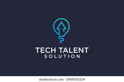 Tech solution logo. Light bulb  arrow up growth vector template
