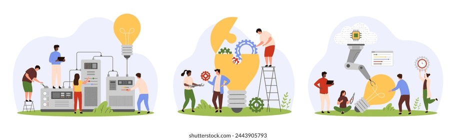 Soluciones tecnológicas e innovación, proyecto digital y conjunto de perspectivas. La gente pequeña trabaja con la máquina futurista inteligente y el robot para diseñar la bombilla de luz brillante, lámpara abierta con engranajes ilustración vectorial de dibujos animados