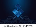 Tech solutions, teamwork and digital synergy concept with glowing polygon puzzle pieces over circuit board. Futuristic neon blue low-poly vector illustration for strategy, AI and innovation themes.