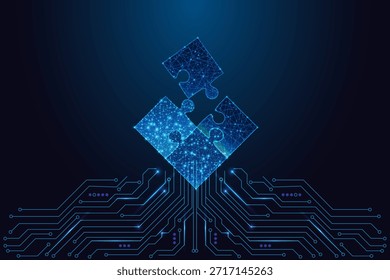 Soluciones tecnológicas, trabajo en equipo y concepto de sinergia digital con piezas brillantes de rompecabezas de polígono sobre placa de circuito. Ilustración vectorial futurista de neón azul baja poli para estrategia, IA e innovación.