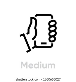 Tech Specs Medium phone icon. Editable Vector Stroke. Single pictogram. Man hand holds a medium phone, smartphone.