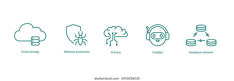 Tech Spectrum Vector Icons: Cloud Storage, Malware Protection, AI Brain, Chatbot, Data Network