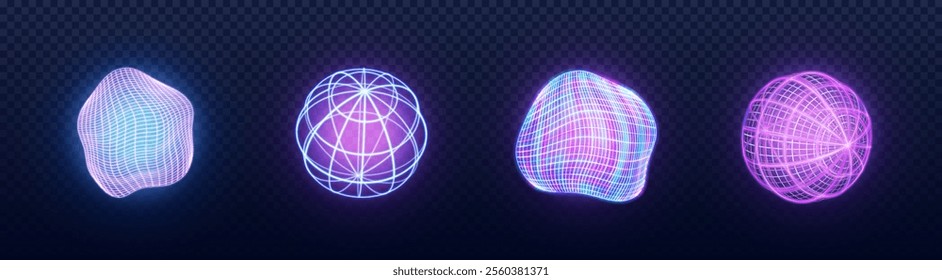 Tech sphere 3d wireframe set - neon glowing geometric shapes with grid pattern in purple and pink gradient. Abstract digital mesh globes with luminous lines and deformed surfaces. Futuristic elements.