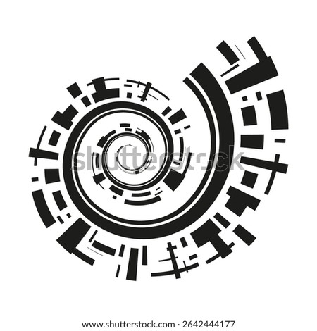 Tech spiral icon. Abstract swirl vector. Black circular layout. Futuristic arc shape.