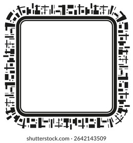 Tech square frame. Circuit outline figure. Futuristic vector border. Monochrome corner shape.