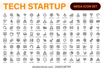 Ícones de linha fina Tech Startup definidos. Ícone de traçado editável de desenvolvimento. Iniciar coleção de símbolos.