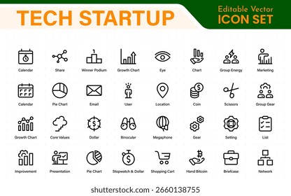 Conjunto de iconos de línea delgada de Tech Startup. Icono de trazo editable de desarrollo. Inicie la colección de símbolos.