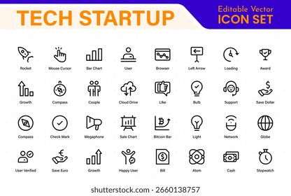 Tech Startup thin line icons set. Development editable stroke icon. Start up symbols collection.