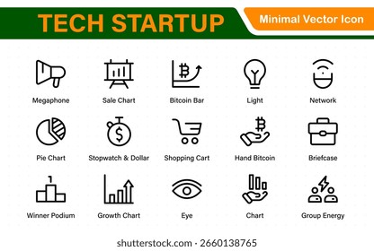 Ícones de linha fina Tech Startup definidos. Ícone de traçado editável de desenvolvimento. Iniciar coleção de símbolos.