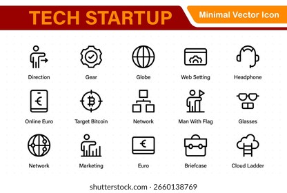 Ícones de linha fina Tech Startup definidos. Ícone de traçado editável de desenvolvimento. Iniciar coleção de símbolos.