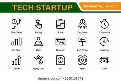 Conjunto de iconos de línea delgada de Tech Startup. Icono de trazo editable de desarrollo. Inicie la colección de símbolos.