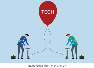Tech stock bubble, traders investors take risk by inflating ready balloon with word TECH