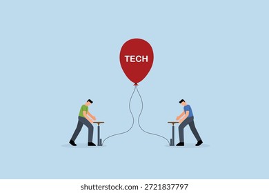 Tech stock bubble, traders investors take risk by inflating ready balloon with word TECH.