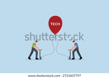 Tech stock bubble, traders investors take risk by inflating ready balloon with word TECH.