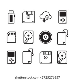 Conjunto de iconos de almacenamiento tecnológico: unidad USB, disquete, nube, batería, altavoz, tarjeta de memoria, disco duro
