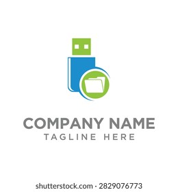 Tech storage logo featuring a USB flash memory drive inserting into a digital document folder. Perfect for cloud storage providers, data backup services, file sharing platforms, IT hardware repair, and flash drive accessories.