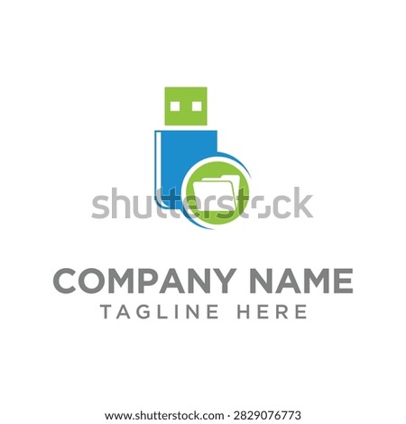 Tech storage logo featuring a USB flash memory drive inserting into a digital document folder. Perfect for cloud storage providers, data backup services, file sharing platforms, IT hardware repair, and flash drive accessories.