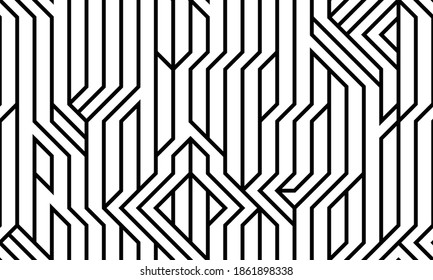 Tech style seamless linear pattern vector, monochrome circuit board lines endless background wallpaper image, black and white geometric design techno micro picture.