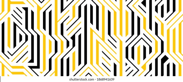 Tech style seamless linear pattern vector, circuit board lines endless background wallpaper image, black and yellow geometric design techno micro picture.