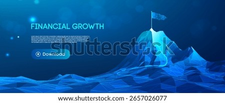 Tech success mountain concept with business growth background and leadership vision. Abstract 3D journey path with arrow climb toward career goals and AI opportunities. Vector illustration.