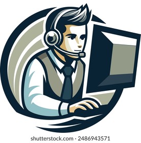 Agente de Asistencia de tecnología con auriculares y computadora, Representante de Asistencia de TI, representante de Asistencia al cliente, operador de línea directa, agente de centro de llamadas, logotipo ilustrado estilo emblema. Ilustración vectorial.