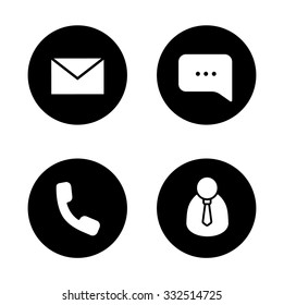 Tech support black icons set. Call center client manager. Live online chat and customer service. Telephone consultation and email. Office work round symbols. White silhouettes illustrations. Vector