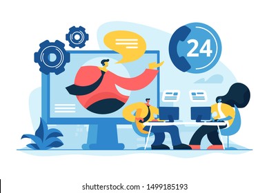 Tech support, clients assistance and hotline, help hotline, call centre. Contact center, customer service point, customer relationship management concept. Vector isolated concept creative illustration