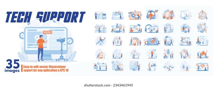 Ilustración del concepto de soporte técnico, colección de escenas de hombres y mujeres de negocios en la escena de soporte técnico. mega set de vector plano ilustración moderna