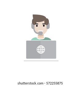 Tech support concept with male operator and customer service symbols flat vector illustration