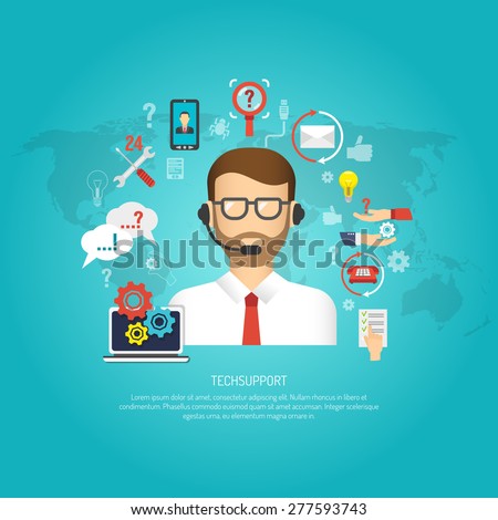 Tech support concept with male operator and customer service symbols flat vector illustration