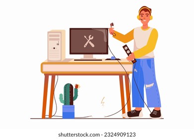 Tech support concept with people scene in the flat cartoon style. A technical specialist is repairing a computer. Vector illustration.