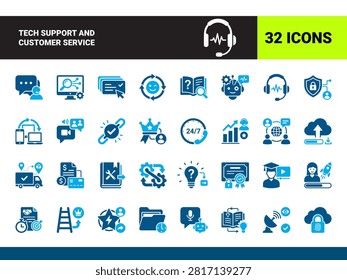 Tech Support and Customer Service icon set Call Center, Helpdesk, Headset Operator, Technical Assistance, AI Chatbot You can easily change color.